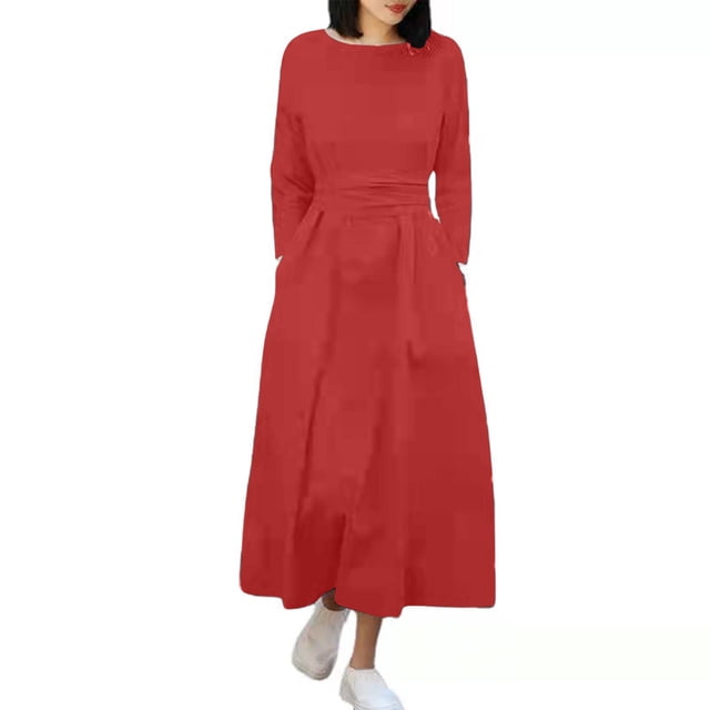 Gspmoly Robes Décontractées pour Femmes, Mode pour Femmes Col Rond Ample Manches Longues Uni Robe Mi-Mollet Longue Robe Robes Formelles pour Femmes Offres Hebdomadaires