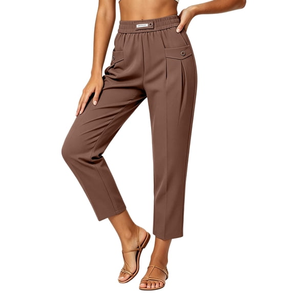 Mifsaly Womens Dress Pants Casual Business Work Office Trousers Elastic Waist Tapered Ankle Length Stretch Slacks with Pockets Coffee,XL