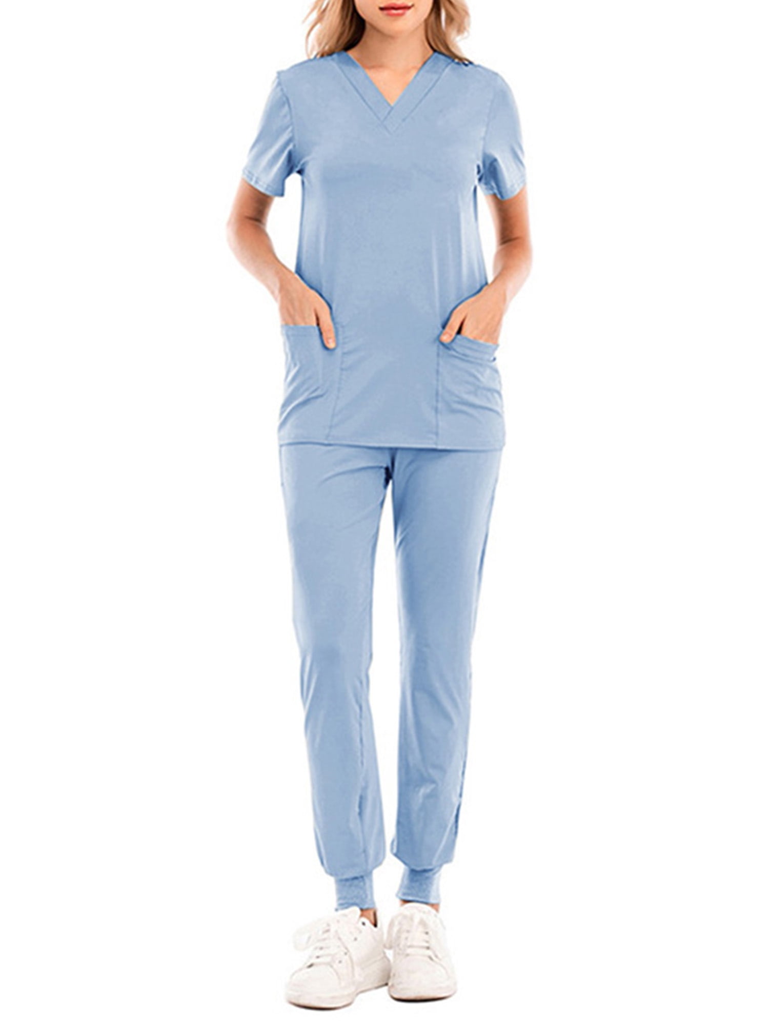 Solid Color Top+pants Short Sleeve Women Nurse Scrubs