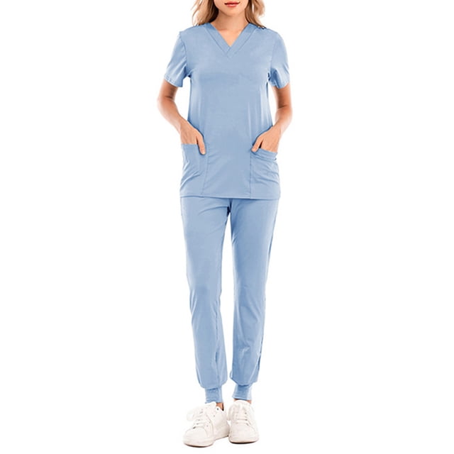 Conjunto médico de manga corta para mujer, casual, liso, con cuello en V, blusas y pantalones jogger