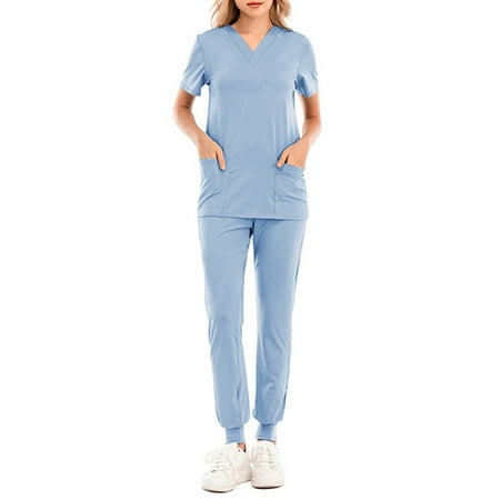 

Paille Ladies Scrubs Set V Neck Medical Pockets Scrub Tops+pants Slim Doctors Top Sky Blue XL