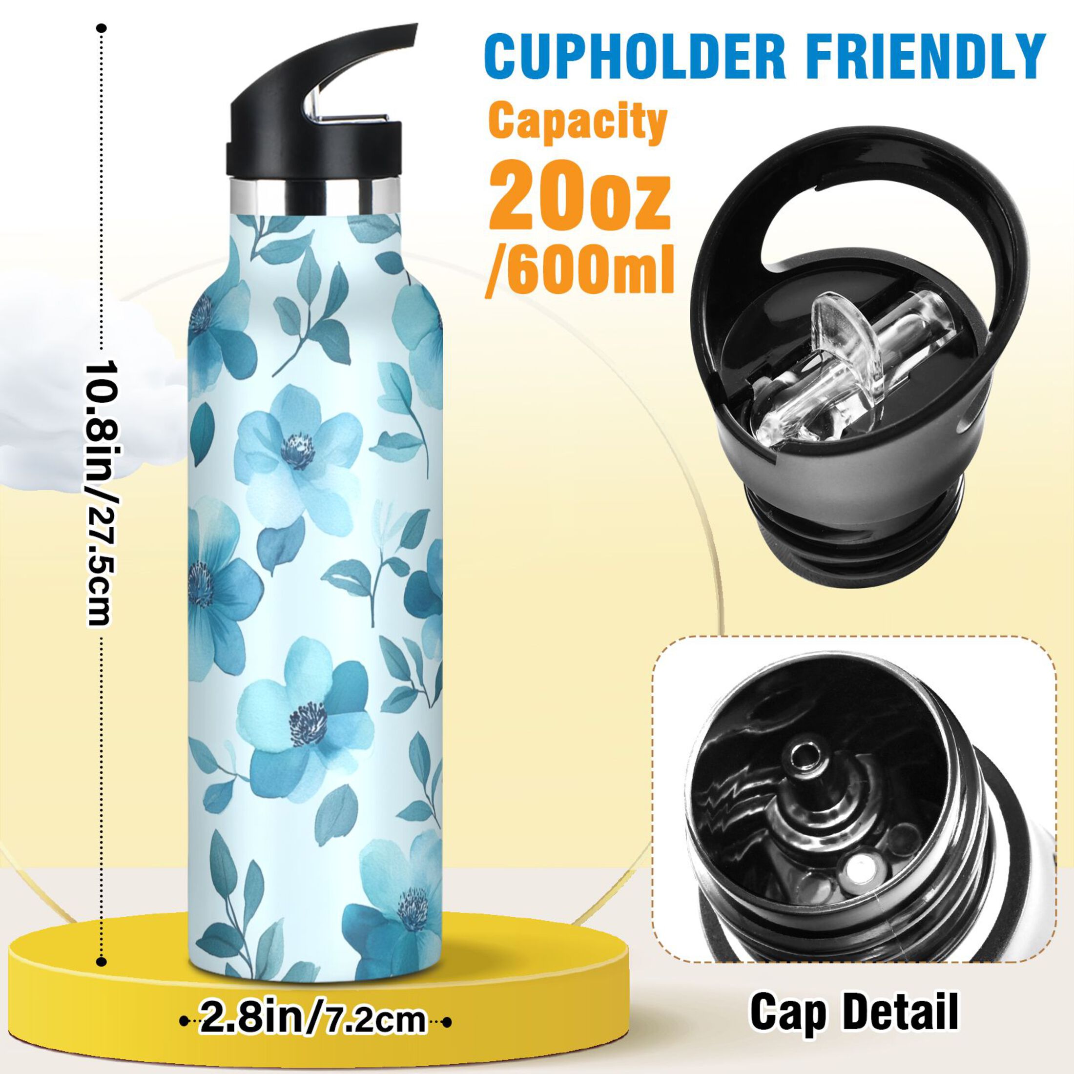 600ML Stainless Steel Insulated Cup Sports Water Bottle Portable Thermos Cup Water Glasses Insulated Tumblers Convenient and Durable Cartoon Teal Flowers