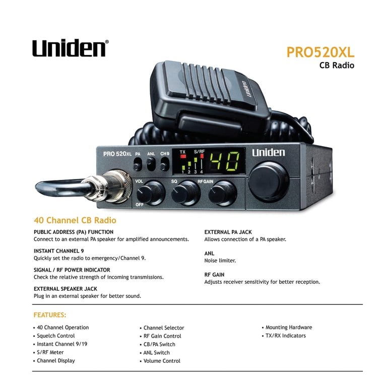 Uniden Professional Series 40-Channel Compact CB Radio, PRO520XLPT