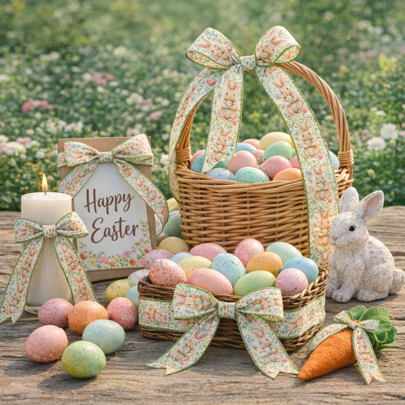 DAMAI Easter Wired Edge Ribbon Spring Floral Bunny Wired Ribbon Watercolor Easter Rabbit Flower Fabric Craft Ribbon for Gift Wrapping Floral Arrangement Wreath Bow DIY Crafts
