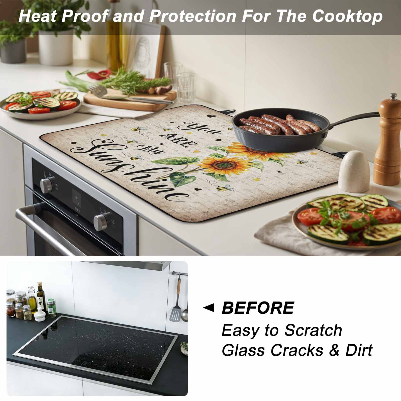Sunflower Stove Top Cover for Electric Stove, Heat-proof & Non Slip Glass Top Stove Cover Protector, Vintage Summer Botanical Bee Spring Floral Kitchen Flat Cooktop Rubber Mat 24x21 Inches