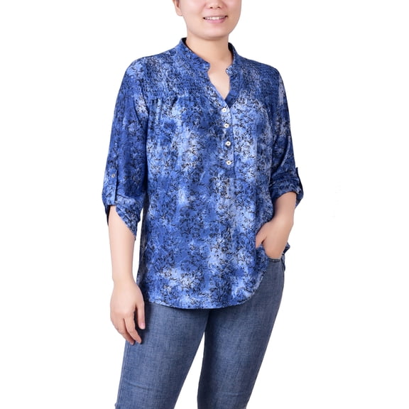 Petite 3/4 Roll Tab Sleeve Smocked-Yoke Top Etch Dark Blue PS