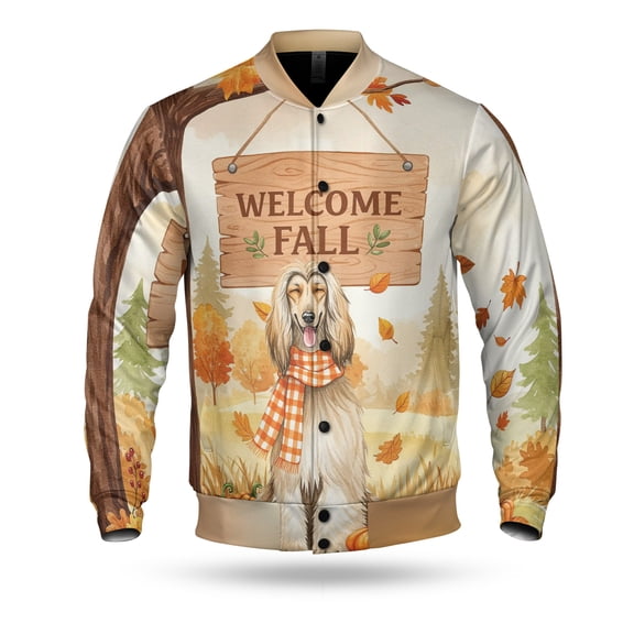 Welcome Fall Afghan Hound Cozy Autumn Field Pumpkins Golden Leaves All Over Print 3D Baseball Jacket Dog Lover Bomber Jacket Softball - 12013