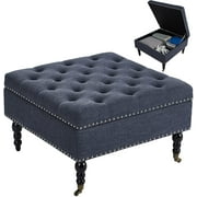 AVAWING 29" Storage Ottoman W/Rolling Wheels Dark Gray Tufted Bench Fabric Nailed Trim Coffee Table