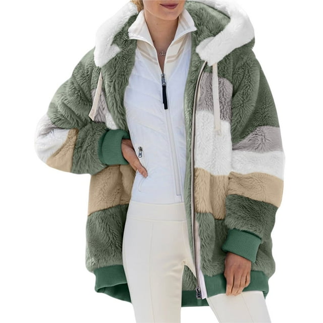 Womens Winter Fuzzy Fleece Jacket Hooded Color Block Patchwork Cardigan Coats Outerwear with Pockets Green L