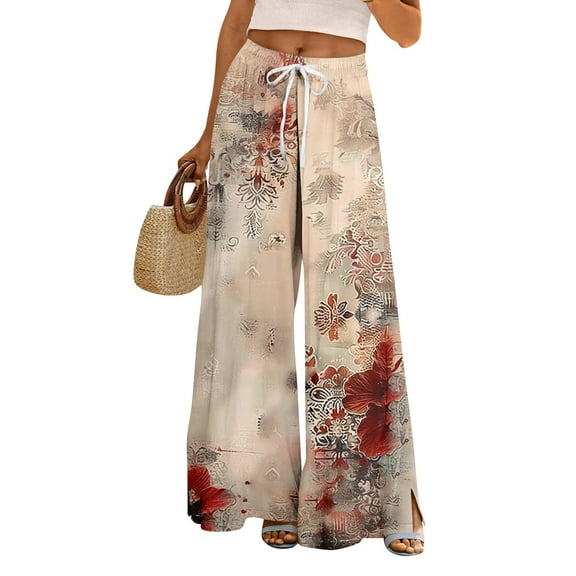 Women's Floral Print Palazzo Pants - High Waist Wide Leg Bohemian Summer Casual Trousers with Elastic Waist ,Beige,L