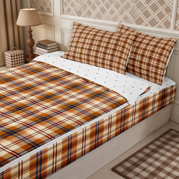 Erosebridal Autumn Plaid Zipper Twin Comforter Sets with Fitted Sheet and 2 Pillowcases,Fall Checkered Zipper Bedding Set,Cream,Reversible