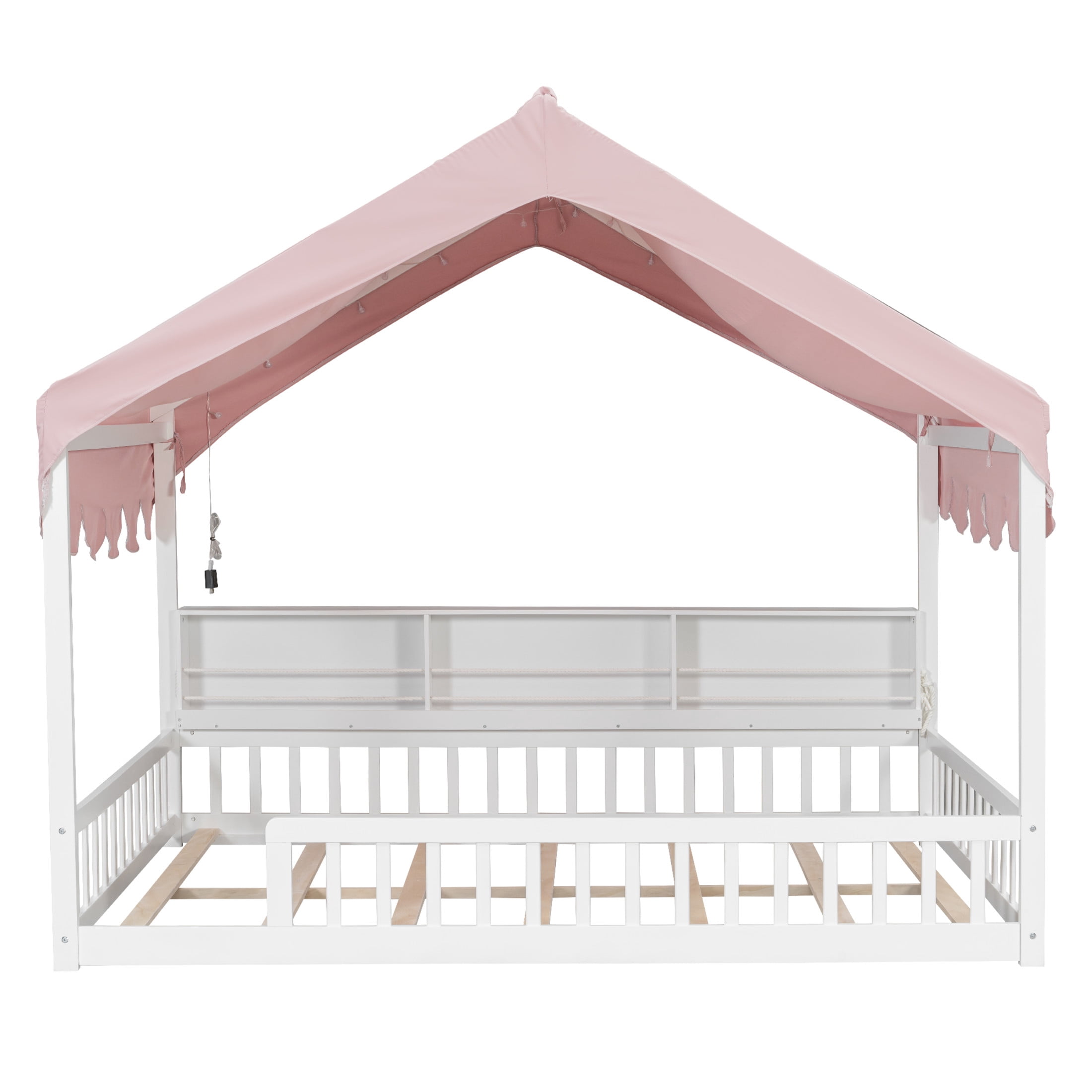 Noble House Larissa Full Size House Bed with Fence and LED Lights, Wooden Floor Bed, Heavy Duty, White and Pink