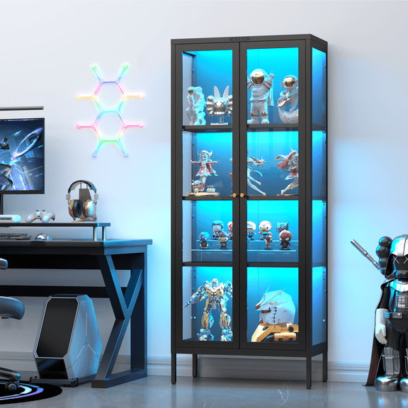 Polup 66''H Metal Curio Cabinet with 8-Color LED Lights, Vertical Display Cabinet, Black Storage Cabinet with 4-Tier Shelves & Glass Doors for Home Office
