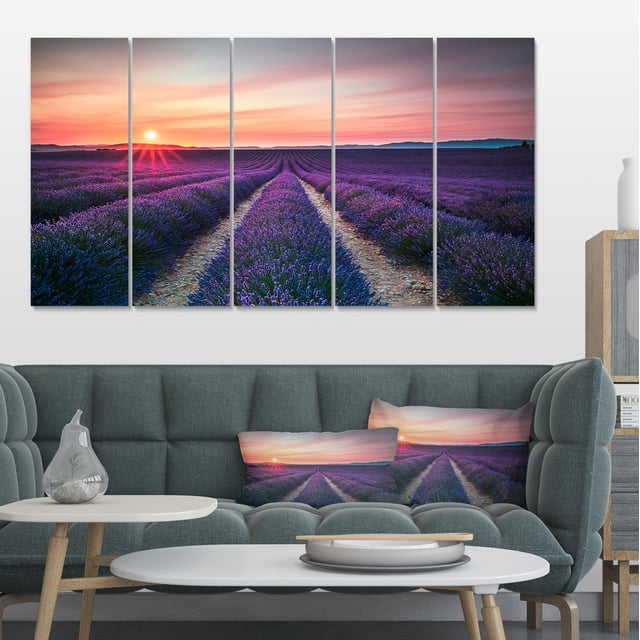 Endless Rows of Lavender Flowers - Modern Landscape Wall Art Canvas