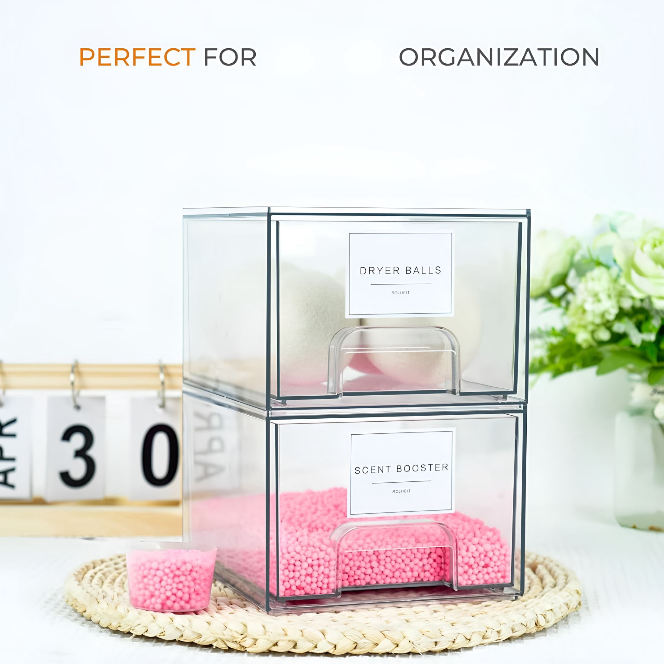 BPPEG 2 Pack Laundry Room Organization Storage Drawers with Labels, Clear Stackable Dryer Sheet Holder and Pod Containers, Detergent Dispenser for Laundry Room Organizing and Decor
