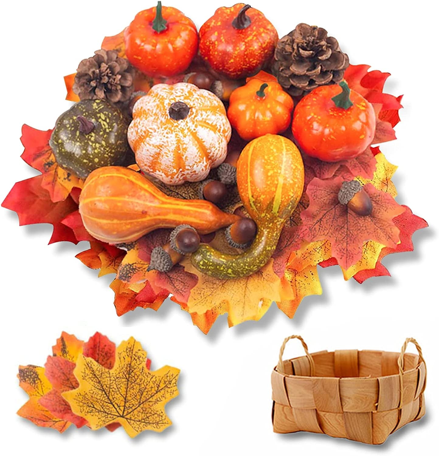Artificial Orange Pumpkins and Maple Leaf Picks for Thanksgiving and Fall Decorations Group of 12