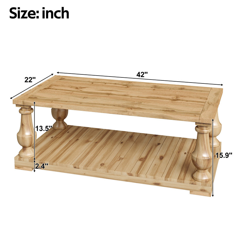 Farmhouse Coffee Table with 2-Tier Storage Shelf, Rustic Living Room Center End Table with Solid Wood Vintage Turned Legs