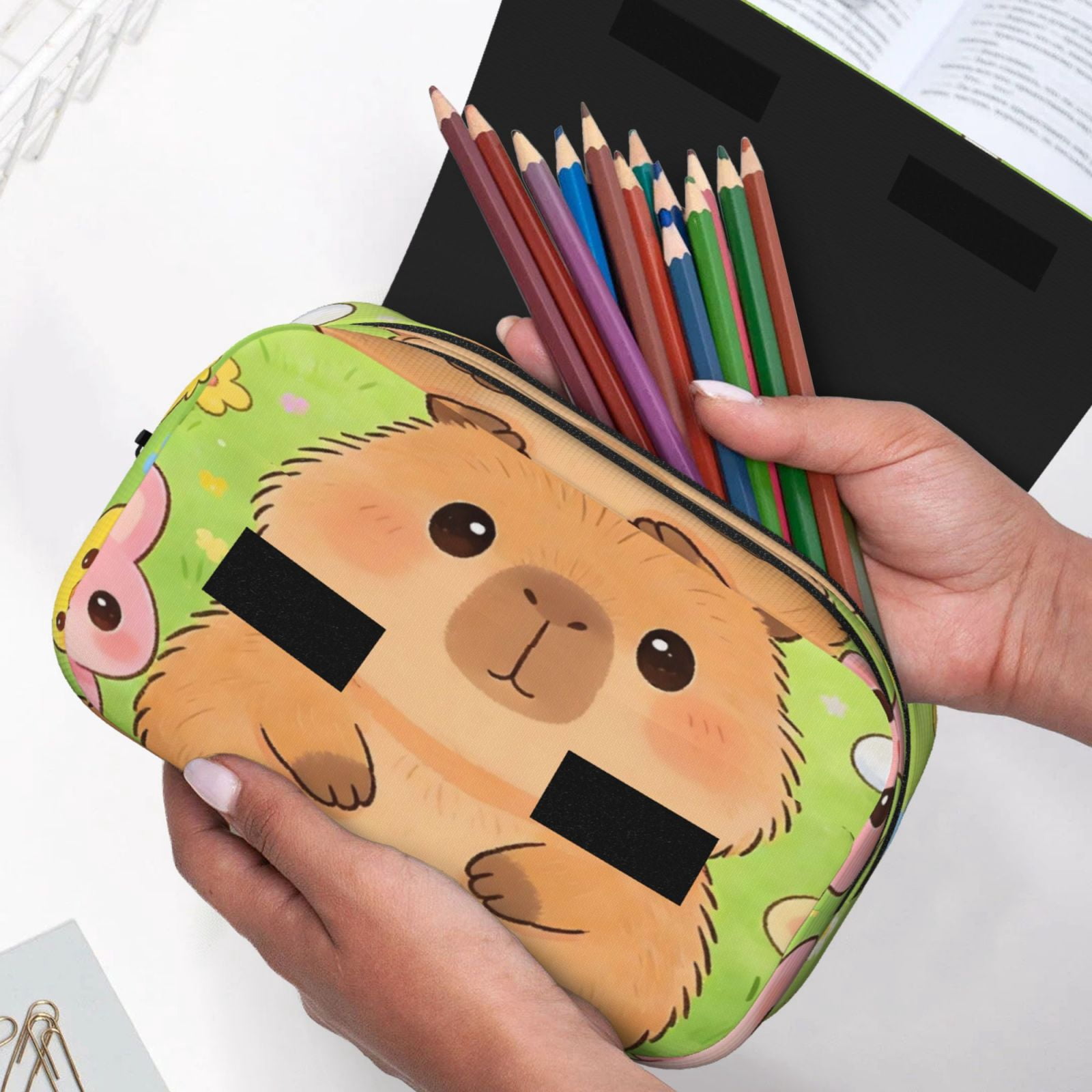 Large-Capacity Flip-Top Double-Layer Pencil Case, Multi-Functional Pocket Pen Case, Durable Stationery Organizer Capybara Flower Rabbit Chick