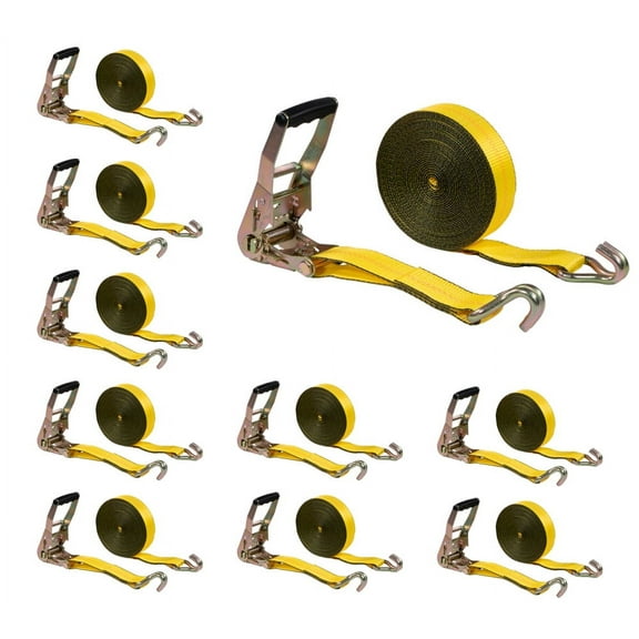 10 Pack 2"x40' Yellow Ratchet Strap with J Hooks - 10,000 Lbs Breaking Strength - Heavy Duty Tie Down Cargo Truck Straps with Wire Hooks for Flatbed, Truck, Trailers Pickup
