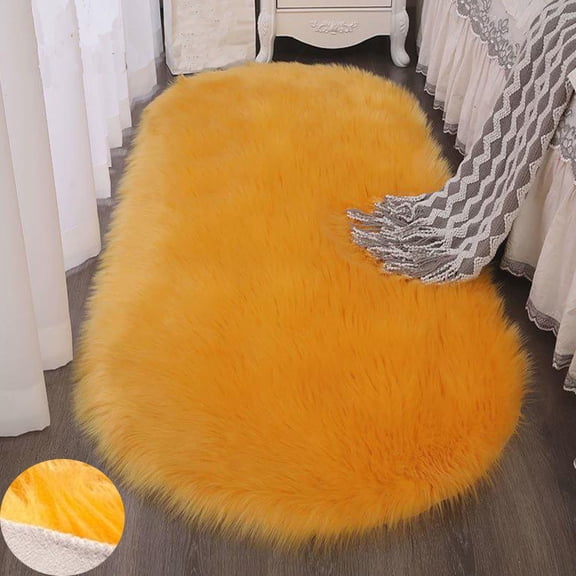 Soft Faux Fur Sheepskin Oval Shaggy Area Rug 20 x 63inch Non-Slip Backing Plush Gold Yellow Shag Pile Carpet Living Room Bedroom Modern Decor