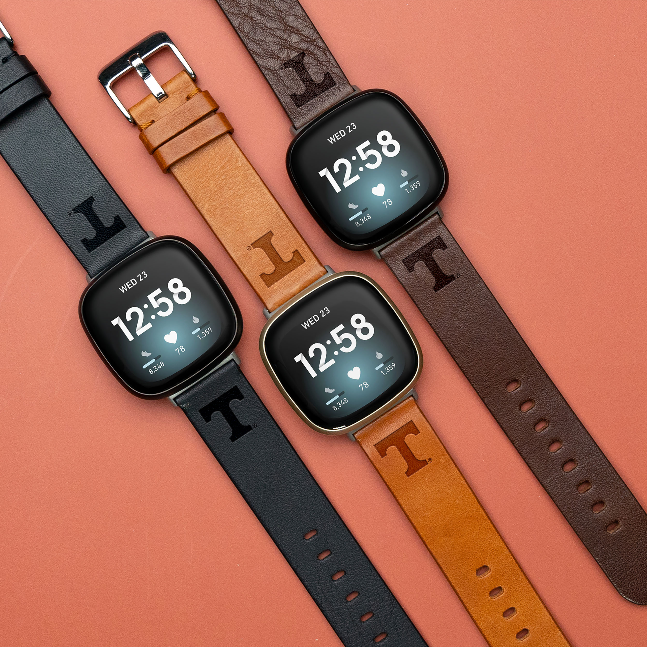 Tennessee Premium Leather Unisex Watch Band for FitBit Versa 3 and Sense (Short Black) by Affinity Bands