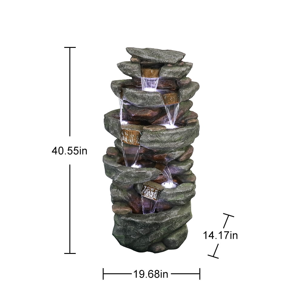 6-tier Outdoor Water Fountain with LED Light - 40.6" High Waterfall Fountain for Garden and Patio