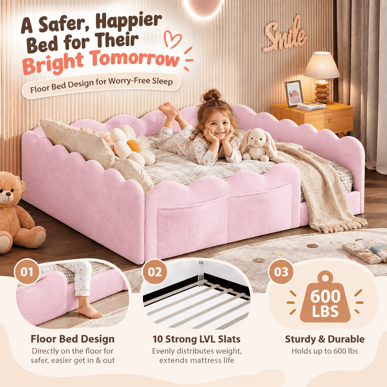 Howcool Montessori Upholstered Floor Bed with Soft Wave Guardrails,Full Size Rabbit Plush Toddler Bed with Storage Pockets,Pink