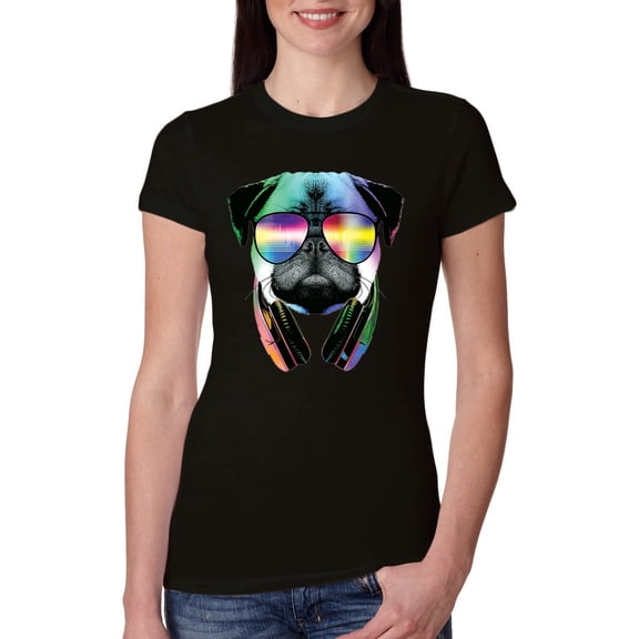 Wild Bobby, Colorful Pug DJ, Pop Culture, Women Slim Fit Junior Tee, Black, Small