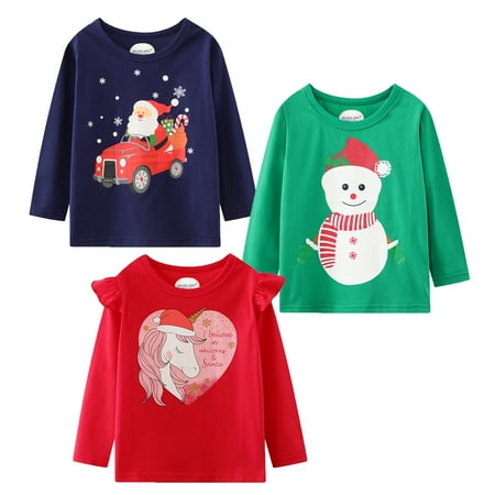 

HILEELANG Toddler Girl Long Sleeve Shirts Christmas Ruffle Red Unicorn Green Snowman Cotton Casual Crewneck Jersey Tunic T-Shirts 3 Packs Sets 2T-12Y
