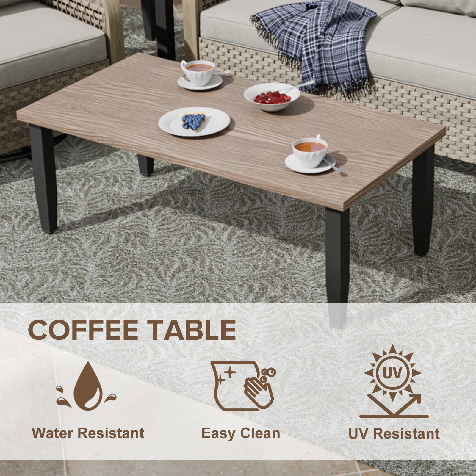 COOS BAY 4 Piece Brown Wicker Patio Sofa Set Outdoor Rattan Furniture Conversation Set 3-Seat Sofa, Dinning Chairs with Gray Cushions and Wood Grain Top Coffee Table