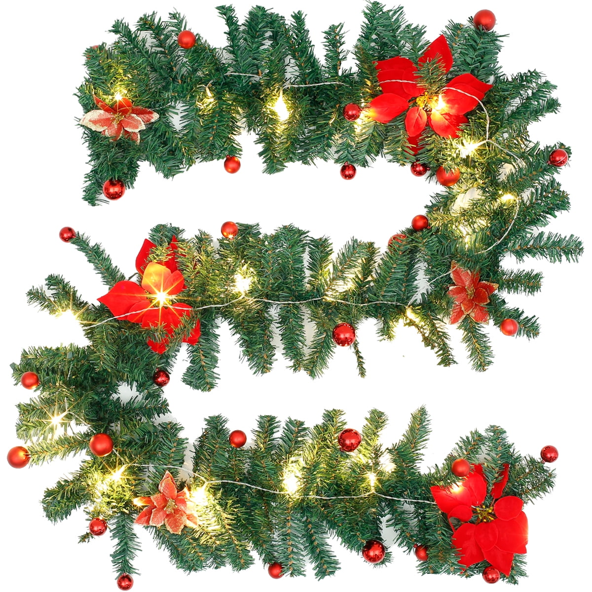 Pre Lit 2.7m Red Decorated Fireplace Christmas Garland 9ft 40 Warm White Lights 
