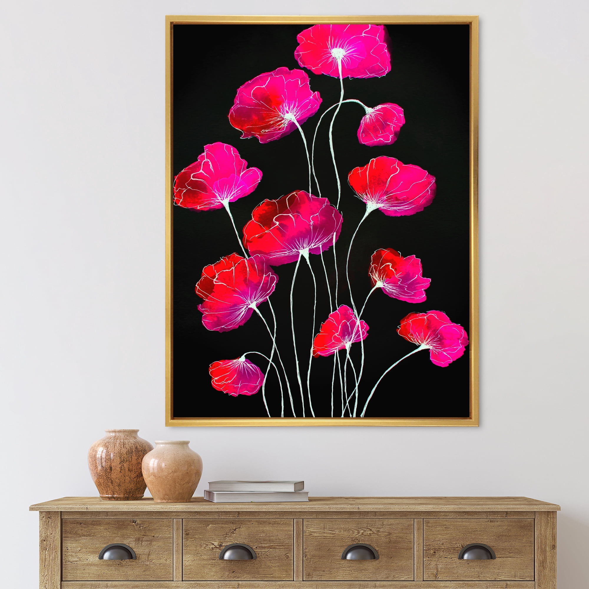 Designart 'Abstract Red Flower Detail On Black Background III' Traditional Framed Canvas Wall Art Print