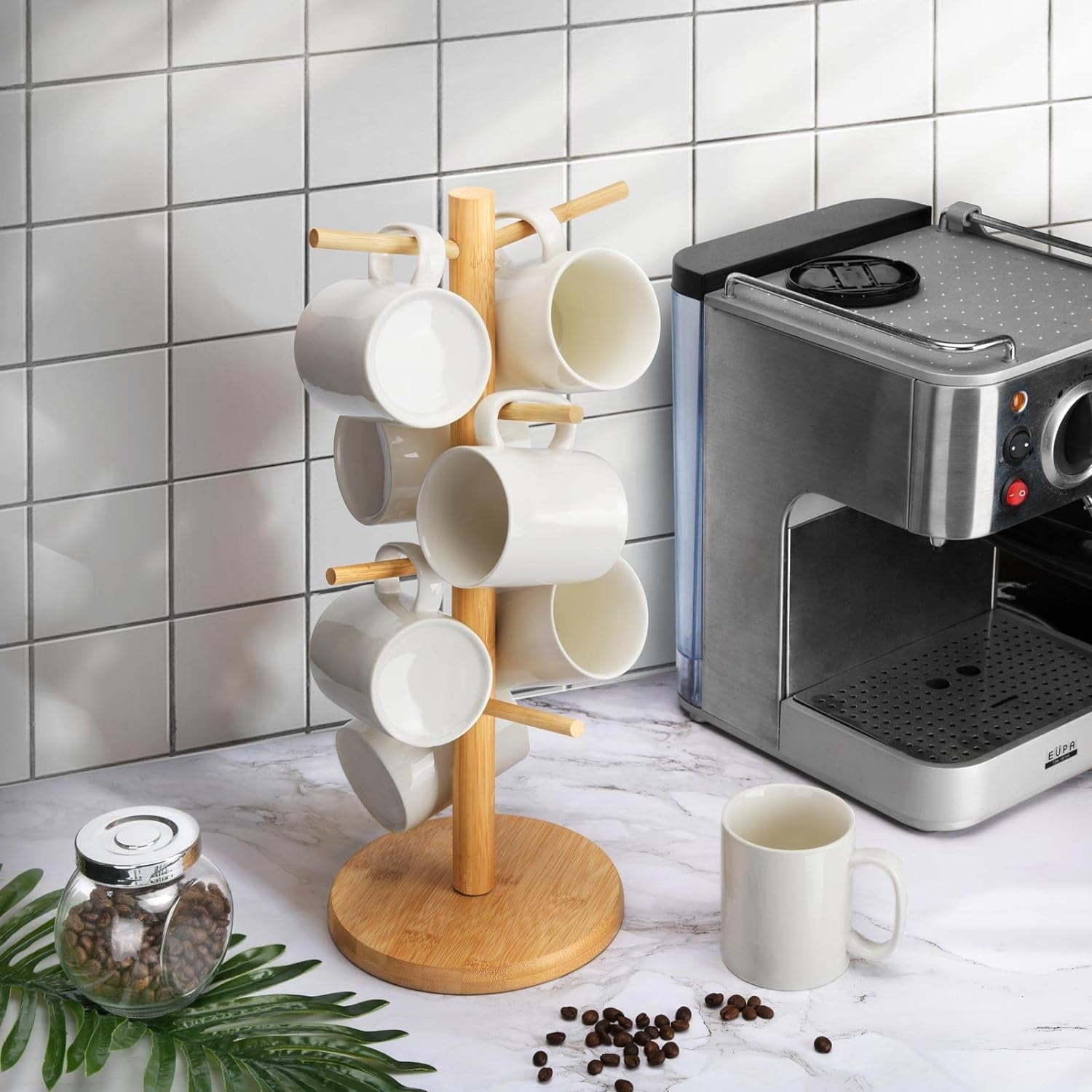 Coffee Mug Holder, Bamboo Mug Tree with Thicker Base Coffee Cup Mug Stand  for Counter, Mug Rack with 6 Hooks : : Home & Kitchen