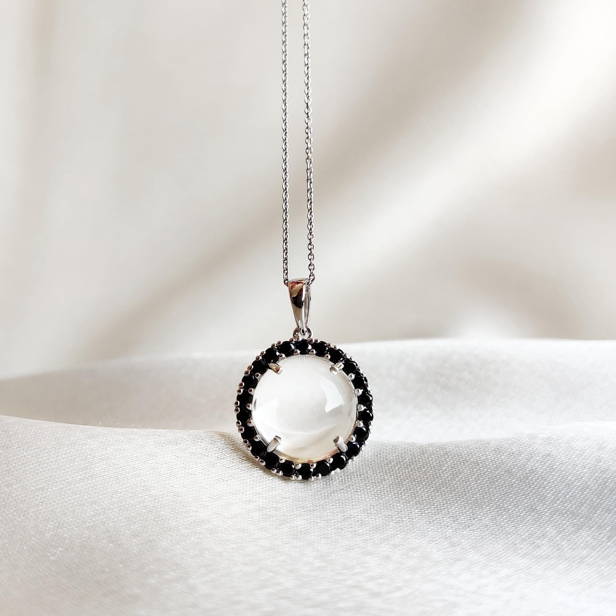 Natural Clear Quartz & Black Spinel Pendant, 14K Solid White Gold Pendant, April August Birthstone, White Gold Jewelry, Christmas Gift