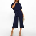thumbnail image 2 of PENGXIANG Combinaison Décontractée Taille Haute pour Femmes, Col Rond, Couleur Unie, Ample et Confortable, Manches Courtes, Pantalon Large Ceinturé, 2 of 6