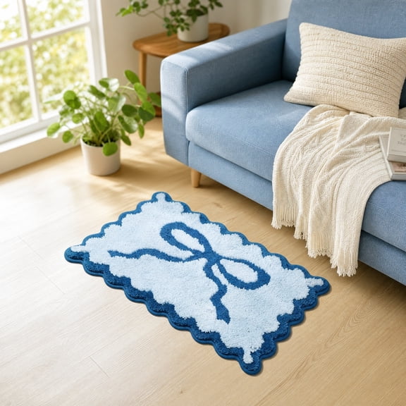 VOTRUDI Blue Cute Bow Scalloped Microfiber Bath Rug, Non‑Slip Super Absorbent Washable Floor Mat for Bathroom Bedroom 15.75"x23.62"