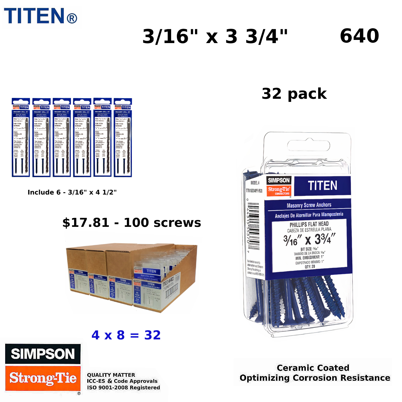 (Qty 640) Concrete Screws 3/16” x 3 3/4” Phillips Flat Head for Anchoring to Masonry, Block or Brick Stucco Simpson Strong Tie 32 Pack 6 Drill Bits
