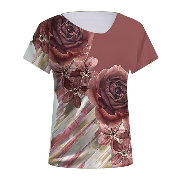 Gibobby Camisetas Mujer Baratas Manga Corta Camiseta manga corta con estampado flores y cuello inclinado suelto para mujer a la moda verano(I,CH)