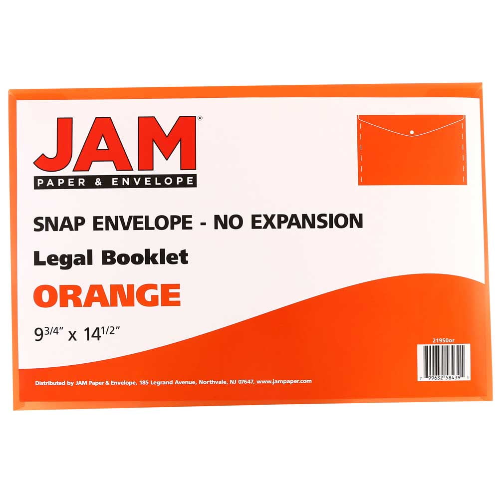 JAM Paper Plastic Envelopes with Snap Closure, Legal Booklet, 9 3/4 x 14 1/2, Orange, 3/Pack