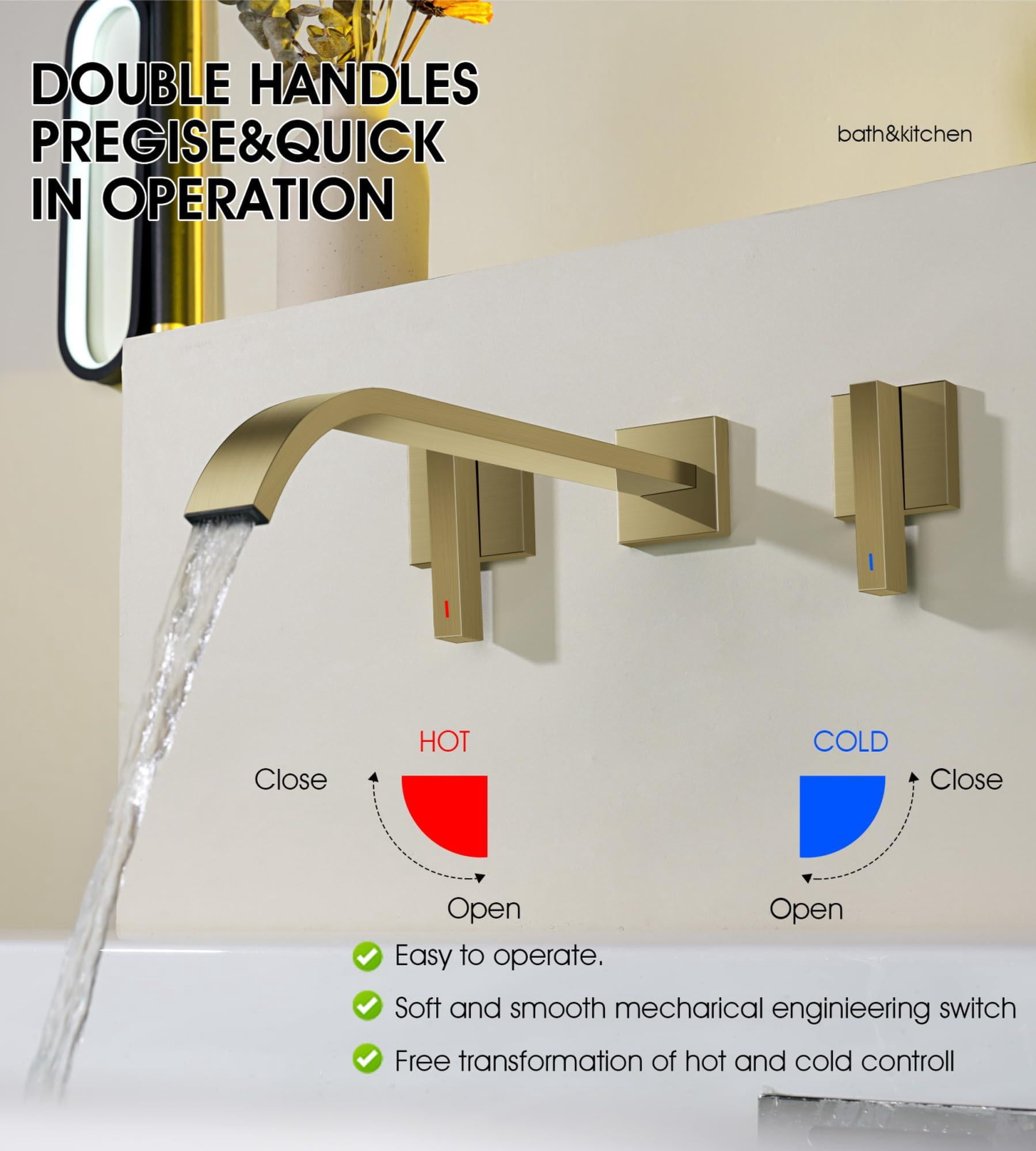 Wall Mount Tub Filler Brushed Gold Bathtub Faucet Long Spout 2 Level Handles