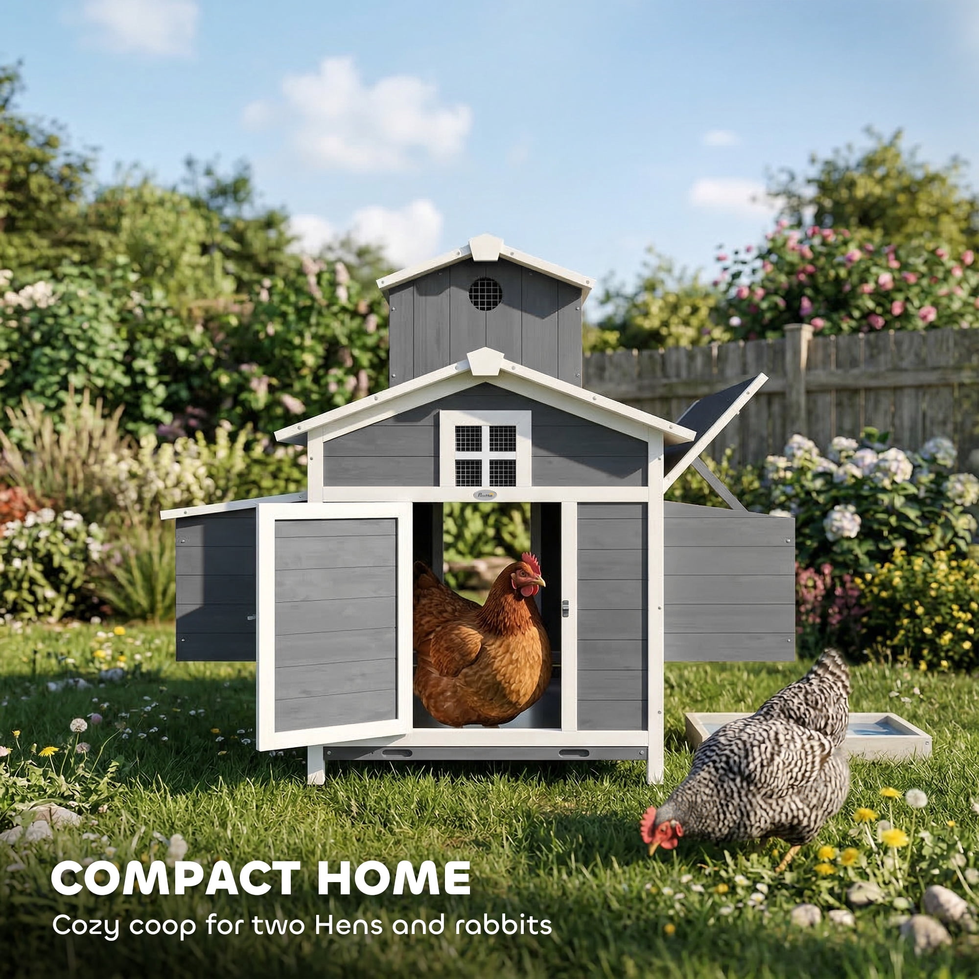 PawHut Chicken Coop for 2 Chickens, Wooden Hen House with Nesting Box, Pull-Out Tray, Ventilation Windows, Poultry Hutch Rabbit Cage