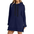 thumbnail image 2 of Hoodie Sweatshirt Dress, Knee Length Long Pullover with Split, Plush Material for Fall & Winter, Blue XL, Size S-XXL, 2 of 7