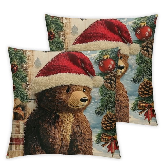 Qinduosi Christmas Rustic Throw Pillow Covers Set of 2, Camping Bear Decorative Pillow Cases Cotton Cushion Cover for Home Bed Sofa Couch Car Decor