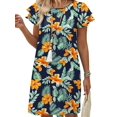 thumbnail image 3 of Women's Summer Dresses Ruffle Sleeve Round Neck Loose Swing Sundresses with Pockets Plain/Print Tropical Flowers M, 3 of 7