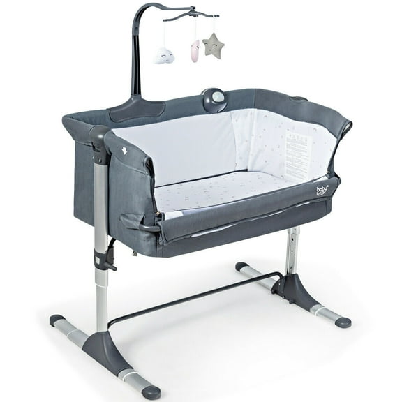 Gymax Height Adjustable Portable Baby Bed Side Crib W/ Music Box & Toys Dark Grey