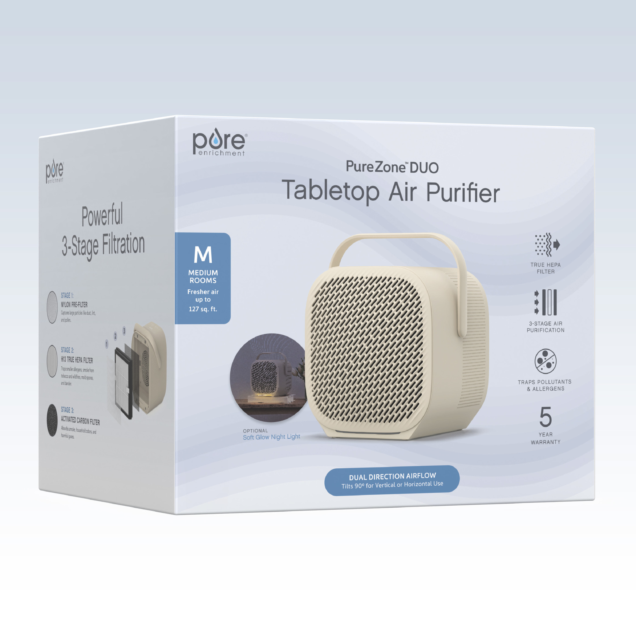 Pure Enrichment PureZone DUO Tabletop Air Purifier – True HEPA, Dual Direction Airflow, 3-Stage Filtration Captures Dust, Smoke, Odors - Large Rooms up to 615 sq. ft. (Sweet Oat)