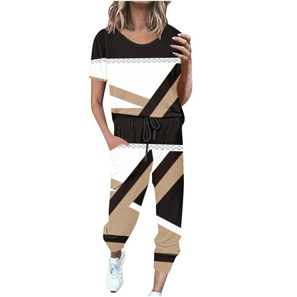 Mikilon Womens Stylish Outfit 2 Piece Set Summer Print Two Piece Suit (Short Sleeve + Pants) Funky Comfort Hoodless Sweatshirt Funky Comfort Short Sleeve Crew Neck Top/Shirt Set Khaki M