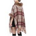 thumbnail image 4 of Xfvqtps Women Cape Faux Fur Collar and Cuff Tassel Hem Cloak Plaid Open Front Loose Large Size Thickened Windproof Coldproof Warm Winter Long Coat Khaki, 4 of 7