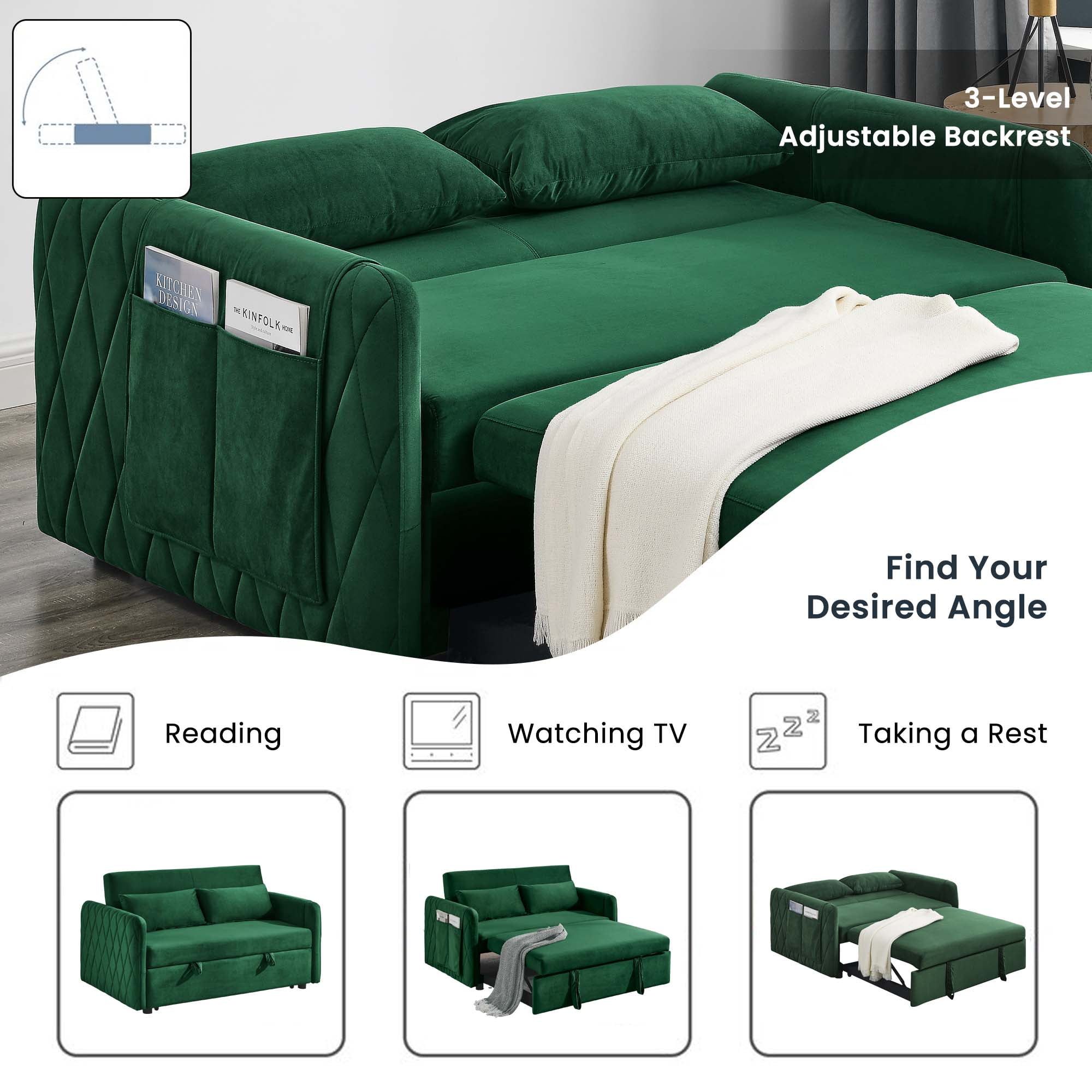 DEALTOPS 55" Modern Pull Out Loveseat Sofa Bed with 2 Detachable Arm Pockets, Green