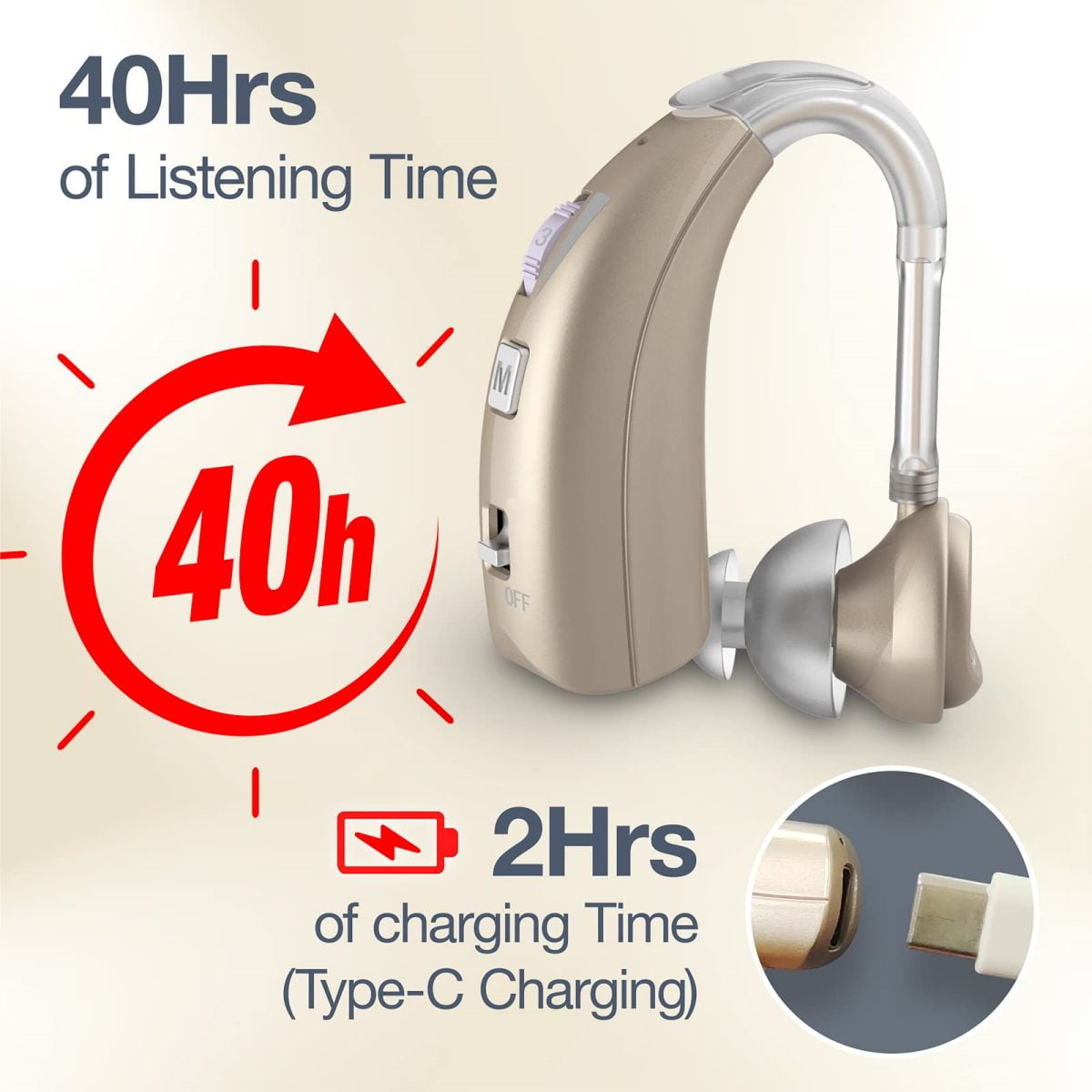 Delmicure Digital Hearing Aid for Seniors, Rechargeable, Single, VHP-1303, Gold